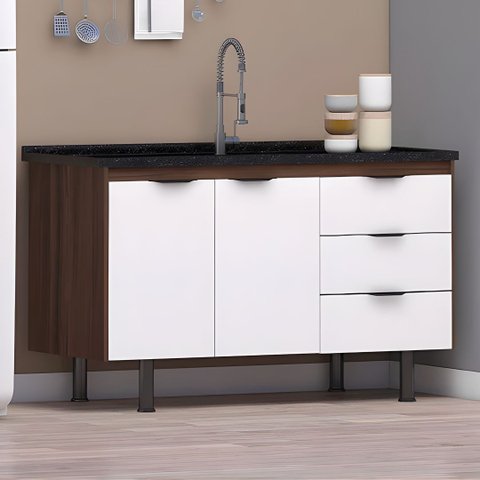 Gabinete Cozinha 100% MDF 2 Portas e 3 Gavetas Armário 174cm: Rustico/Branco