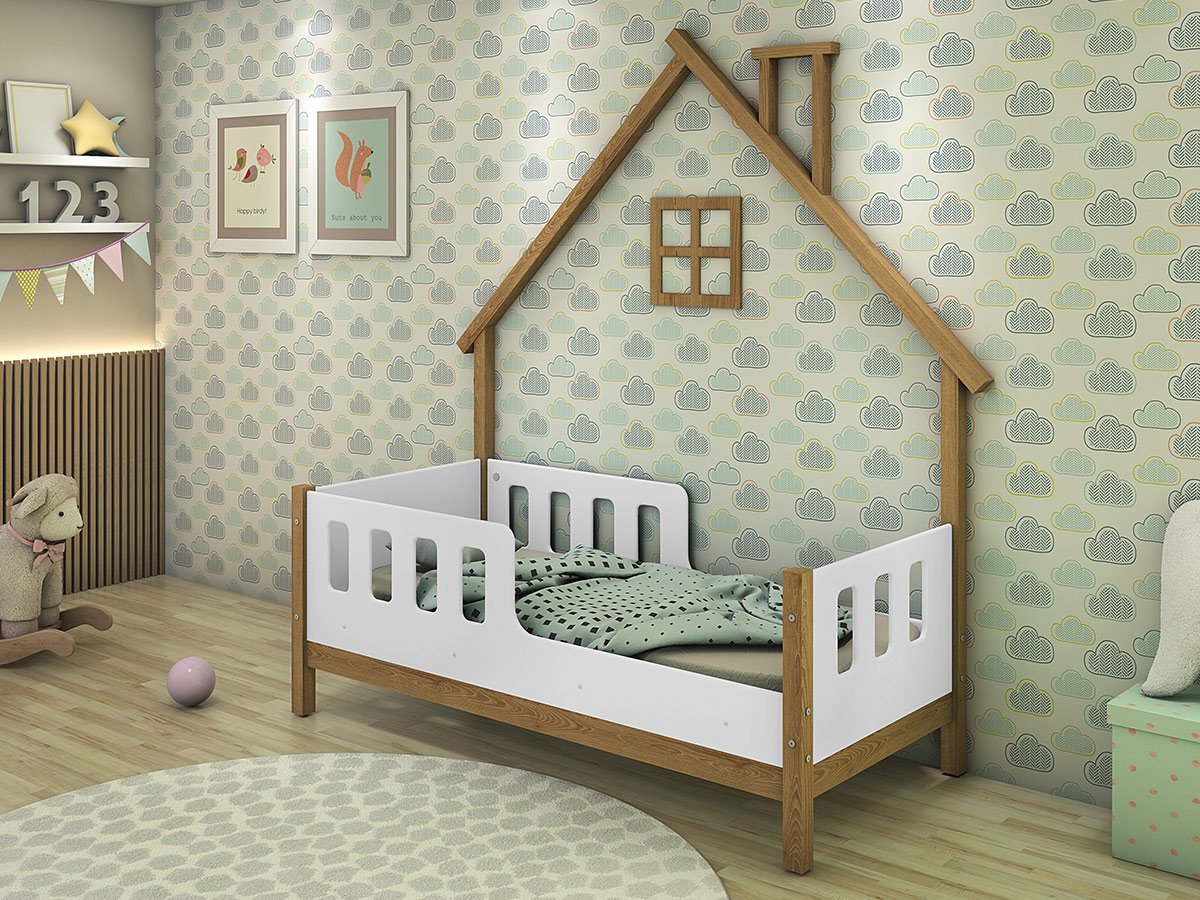 Cama Infantil Encanto Com Casinha e Grade Lateral Branco - 1