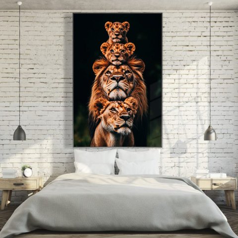 Quadro Decorativo Familia de Leão Leoa com Dois Filhotes Vertical Sala Quarto Casa Escritório