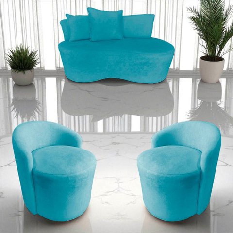 Kit Namoradeira + 2 Poltronas Yara Orgânica Suede Azul Turquesa