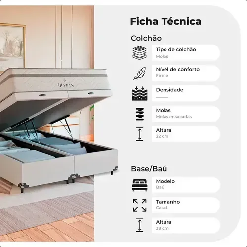 Ver imagem 5 de Cama Box Baú Casal Bipartido + Colchão Paris Molas Branco Couro Branco/branco