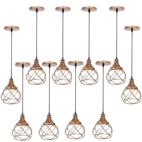 10 Pendentes Aramado Esfera Balonê Cobre Rose Gold Lustre Luminária Teto Regulável Sala Cozinha Agp 