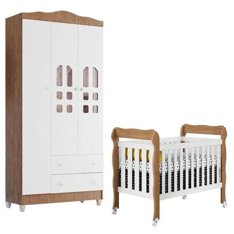 Berço Americano Lila e Guarda Roupa Infantil New Selena 3 Portas Branco Acetinado Amadeirado –