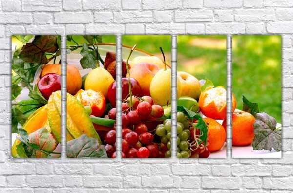 Quadro Decorativo Frutas Cozinha Gourmet Interiores Mosaico 5 Peças Com Moldura - 5