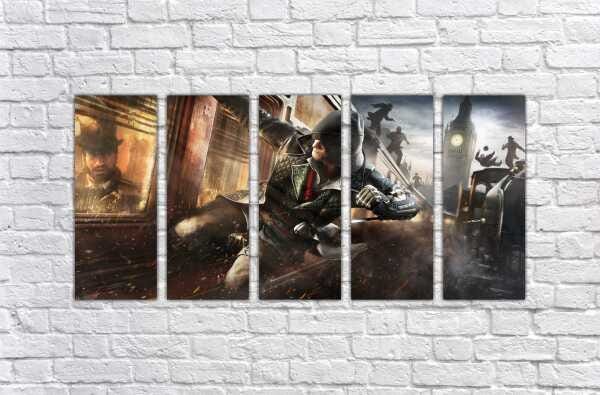 Quadro Decorativo Assassins Creed Games Jogos Quartos Salas Interiores Mosaico 5 Peças Com Moldura - 4