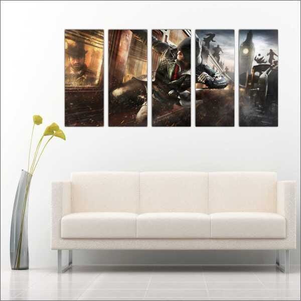 Quadro Decorativo Assassins Creed Games Jogos Quartos Salas Interiores Mosaico 5 Peças Com Moldura - 1