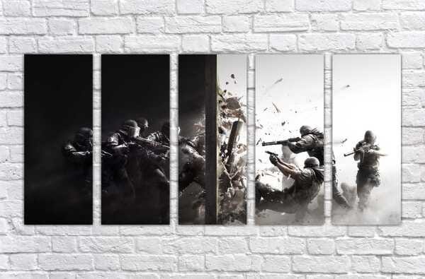 Quadro Decorativo Rainbow six Games Jogos Quartos Salas Interiores Mosaico 5 Peças Com Moldura - 5