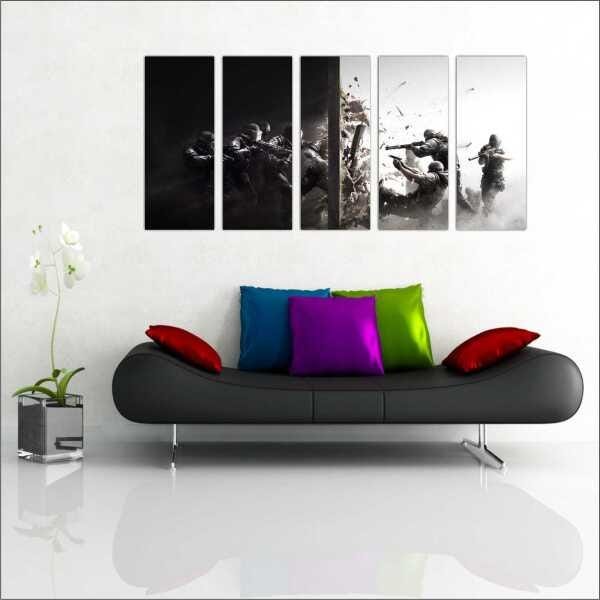 Quadro Decorativo Rainbow six Games Jogos Quartos Salas Interiores Mosaico 5 Peças Com Moldura - 1