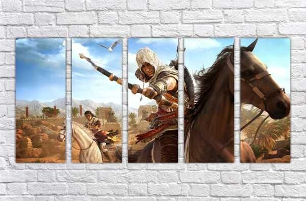 Quadro Decorativo Assassins Creed Games Jogos Quartos Salas Interiores Mosaico 5 Peças Com Moldura - 1
