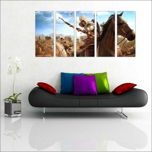 Quadro Decorativo Assassins Creed Games Jogos Quartos Salas Interiores Mosaico 5 Peças Com Moldura - 4