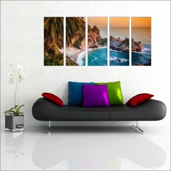 Quadro Decorativo Natureza Paisagem Praia Mar Pedras Sol Interiores Mosaico 5 Peças Com Moldura - 1