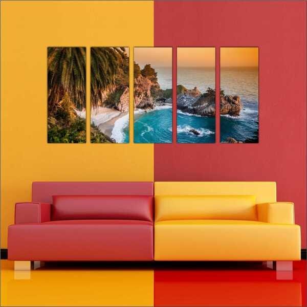 Quadro Decorativo Natureza Paisagem Praia Mar Pedras Sol Interiores Mosaico 5 Peças Com Moldura - 2