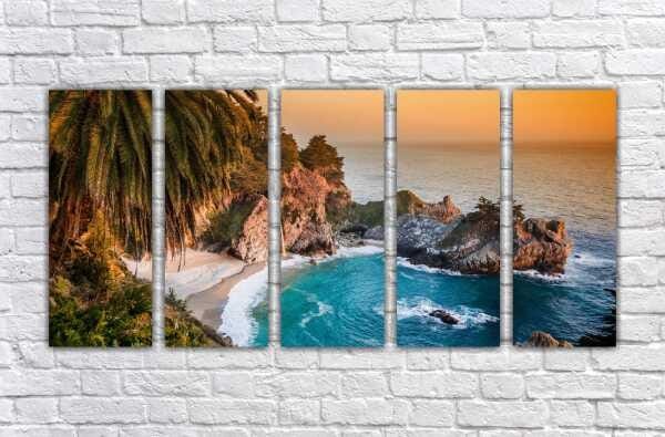 Quadro Decorativo Natureza Paisagem Praia Mar Pedras Sol Interiores Mosaico 5 Peças Com Moldura - 3