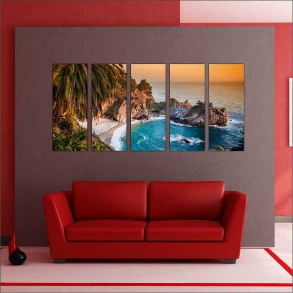 Quadro Decorativo Natureza Paisagem Praia Mar Pedras Sol Interiores Mosaico 5 Peças Com Moldura - 5