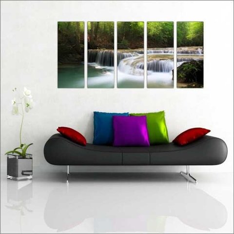 Quadro Decorativo Natureza Paisagem Cachoeira Rio Interiores Mosaico 5 Peças Com Moldura