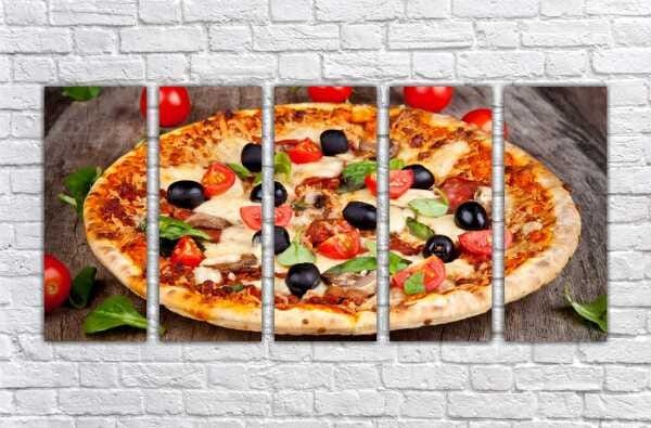 Quadro Decorativo Pizzarias Pizza Restaurantes Gourmet Interiores Mosaico 5 Peças Com Moldura - 5