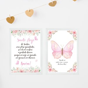 Kit 2 Quadros Infantis Menina Borboleta Rosa - Cristão 24x18cm:moldura Branca
