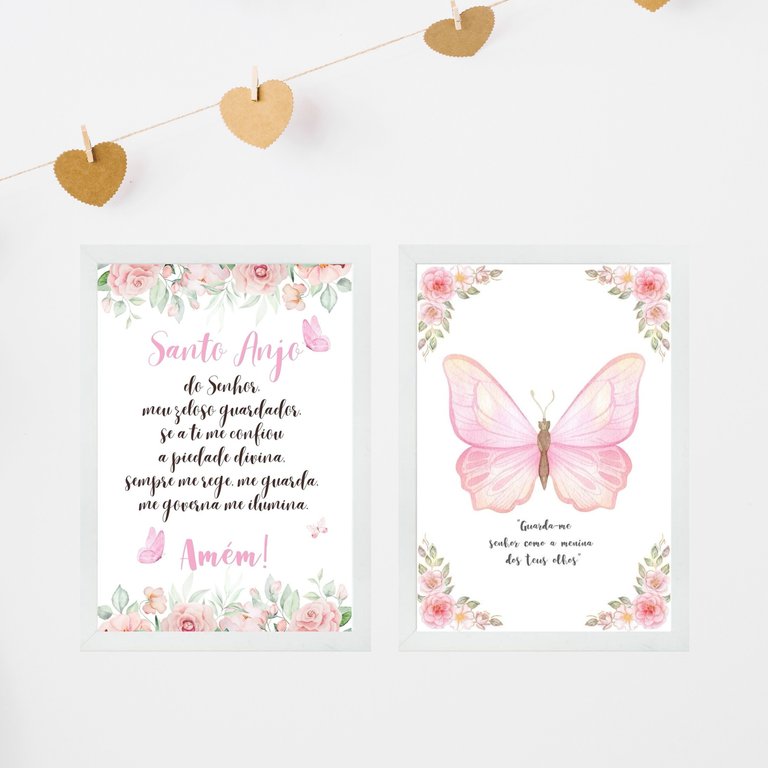 Kit 2 Quadros Infantis Menina Borboleta Rosa - Cristão 24x18cm:moldura Branca