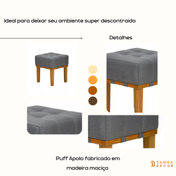 Kit 2 Puff Decorativo Quarto Sala de Estar Madeira - Linho Chumbo - 2