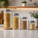 Ver imagem 6 de Kit 4 Porta Mantimentos Organizador Cozinha Armario Vidro Hermetico Tampa Inox Grande 4 Potes Condim