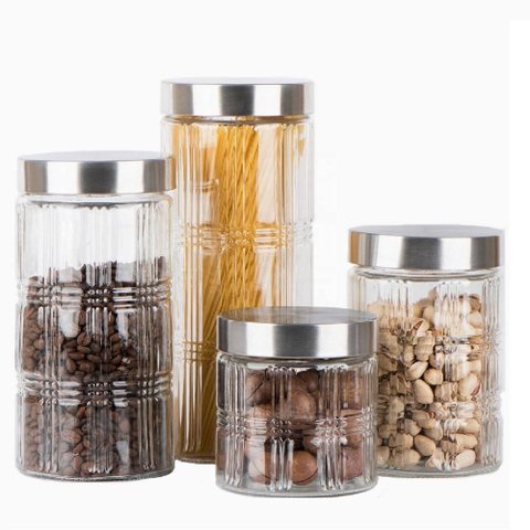 Kit 4 Porta Mantimentos Organizador Cozinha Armario Vidro Hermetico Tampa Inox Grande 4 Potes Condim