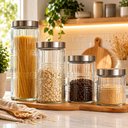 Ver imagem 2 de Kit 4 Porta Mantimentos Organizador Cozinha Armario Vidro Hermetico Tampa Inox Grande 4 Potes Condim