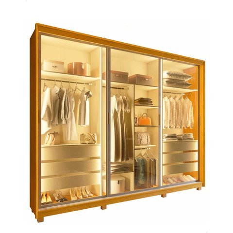 Guarda Roupa Reflecta 3 Portas Correr com Pés e Led Matt Cor:madeira