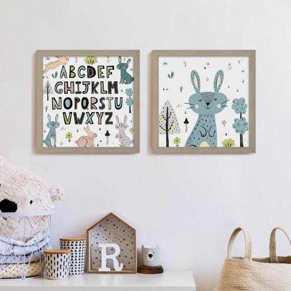 Kit Infantil 2 Quadros Alfabeto Coelhos-20x20-Madeira Clara - 1