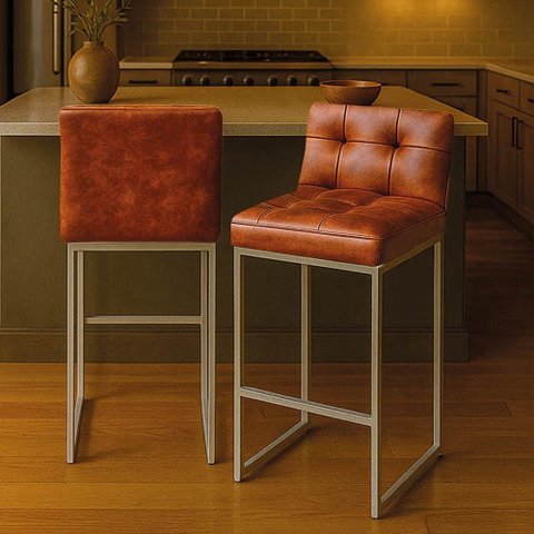 Banqueta Cozinha Alta com Encosto Industrial Kit 2 Champanhe Lirina Pu C05 - D’Rossi
