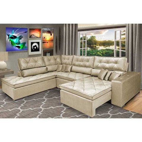 Sofá de Canto Retrátil e Reclinável com Molas Cama Inbox Platinum Esquerdo 3.40x2.36 Suede Bege