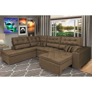 Sofá de Canto Retrátil e Reclinável com Molas Cama Inbox Platinum Esquerdo 3.40x2.36 Suede Café