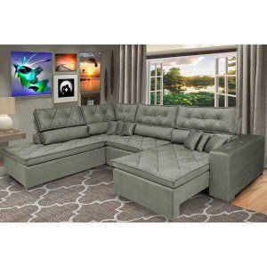 Sofá de Canto Retrátil e Reclinável com Molas Cama Inbox Platinum Esquerdo 3.40x2.36 Suede Cinza