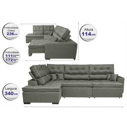 Sofá de Canto Retrátil e Reclinável com Molas Cama Inbox Platinum Esquerdo 3.40x2.36 Suede Cinza - 2