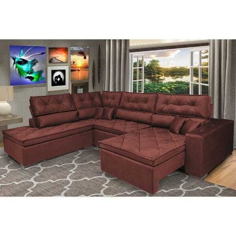 Sofá de Canto Retrátil e Reclinável com Molas Cama Inbox Platinum Esquerdo 3.40x2.36 Suede Vinho