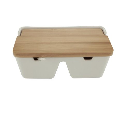 Saleiro C/2 Divisorias de Ceramica e Tampa Madeira e Colher