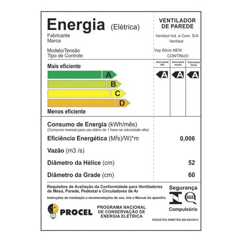 Ventilador de Parede 60 Cm Oscilante Ventisol 3 Pás 127v - 6