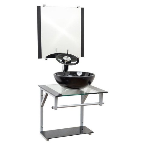 Gabinete de Vidro 40cm Cuba Redonda Preto + Torneira Cascata - Dahora