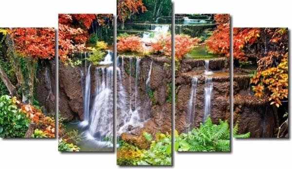 Quadro Decorativo Paisagem Floresta Com Cachoeira 5 Peças - 1