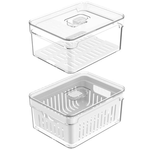 Kit 2 Organizadores de Geladeira com Bandeja e Cesto de Drenagem 2,2l Organizadores Clear Fresh ou