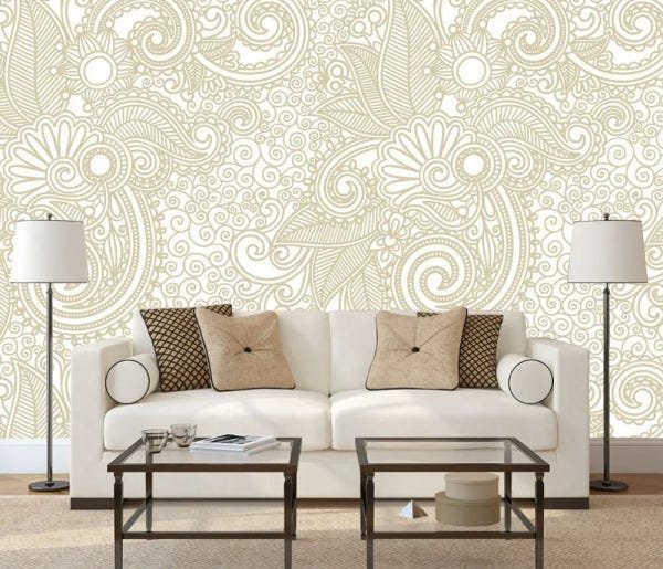 Papel Parede Bege com Arabesco Floral - 1