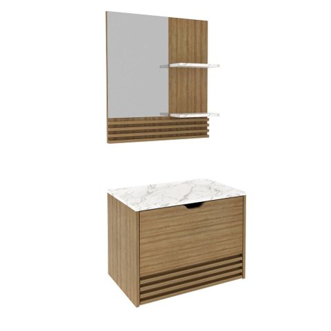 Armário de Banheiro 60 cm 1 Porta 1 Gaveta com Espelho Ripado BN3689 Amêndoa/Mármore Branco - Tecno 