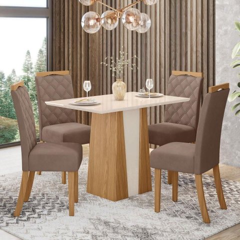 Mesa de Sala de Jantar Orus 4 Lugares Tampo MDF Cadeiras Bella Suede Amêndoa 120cm Móveis Henn