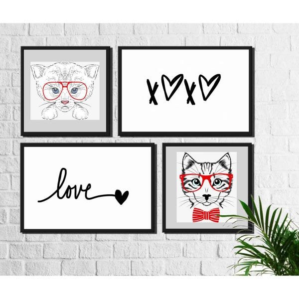 4 Quadros Decorativos Gatos Fofos Vermelho e Preto - 1