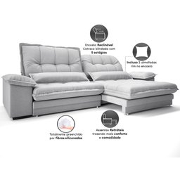 Sofá Bergamo 2,50m Retrátil e Reclinável Linho Soft Prata - Netsofas - 5