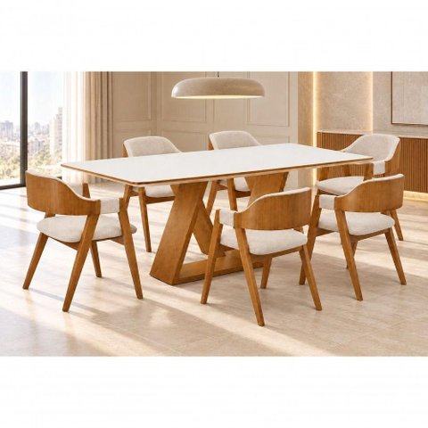 Conjunto de Jantar Europa 6 Lugares Tampo em MDF com Cadeiras Estofadas Bege 220cm