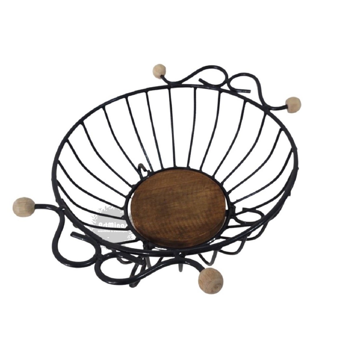 Fruteira de mesa artesanal rústica ferro madeira oval/redonda - 1