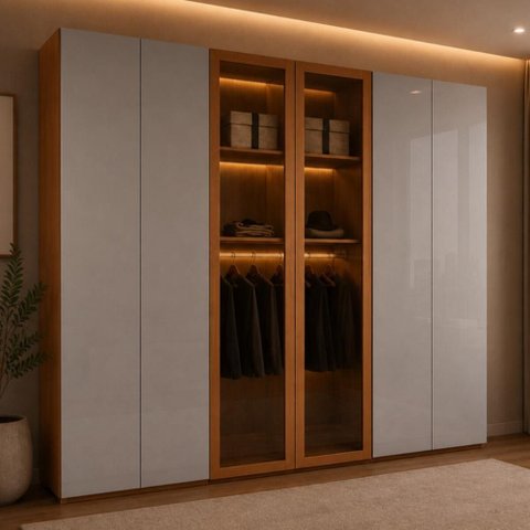 Guarda-Roupa Casal 100% MDF c/Vidro 6 Portas e 6 Gavetas 273cm Multimóveis CR35540 Madeirado/Off