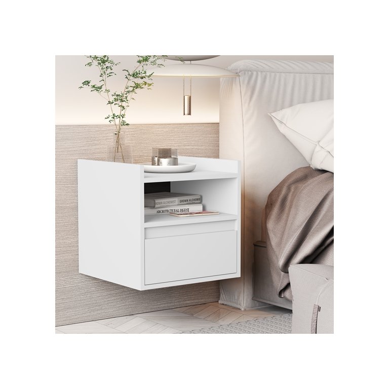Mesa de Cabeceira Suspensa com Porta Basculante Miguel Cor Branco - Comprar Moveis em Casa Mesa de Cabeceira Suspensa com Porta Basculante Miguel Cor Branco - Comprar Moveis em Casa