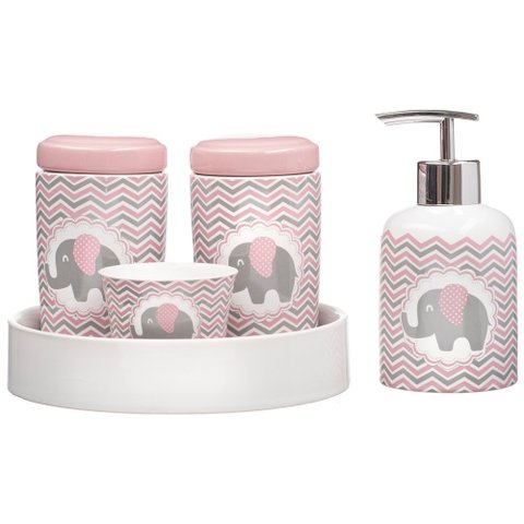Kit Higiene Bebê Porta Algodão Banheiro Quarto Elefante Khbb-478 Pgb