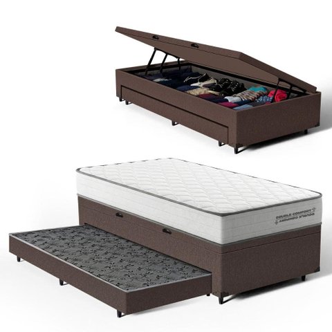 Cama Box Baú Solteiro com Colchão de Molas Ensacadas Double Comfort + Auxiliar 88cm